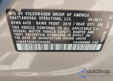 2012 Volkswagen Passat 2.5L S из США, поврежденный, VIN 1VWAP7A34CC006689